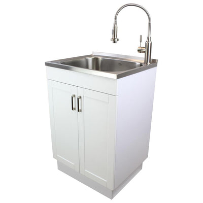 All-in-One 23.6 in. x 19.7 in. x 34.6 in. Stainless Steel Laundry/Utility Sink and Wood Cabinet with Faucet in White - Super Arbor