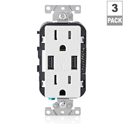 15 Amp Decora Combination Tamper Resistant Duplex Outlet and USB Charger, White (3-Pack) - Super Arbor