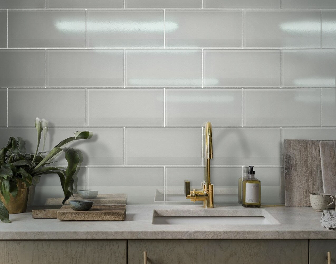 Grey Colorway Apollo Tile Colorway Light Gray 8-in x 16-in Glossy Glass Brick Subway ...