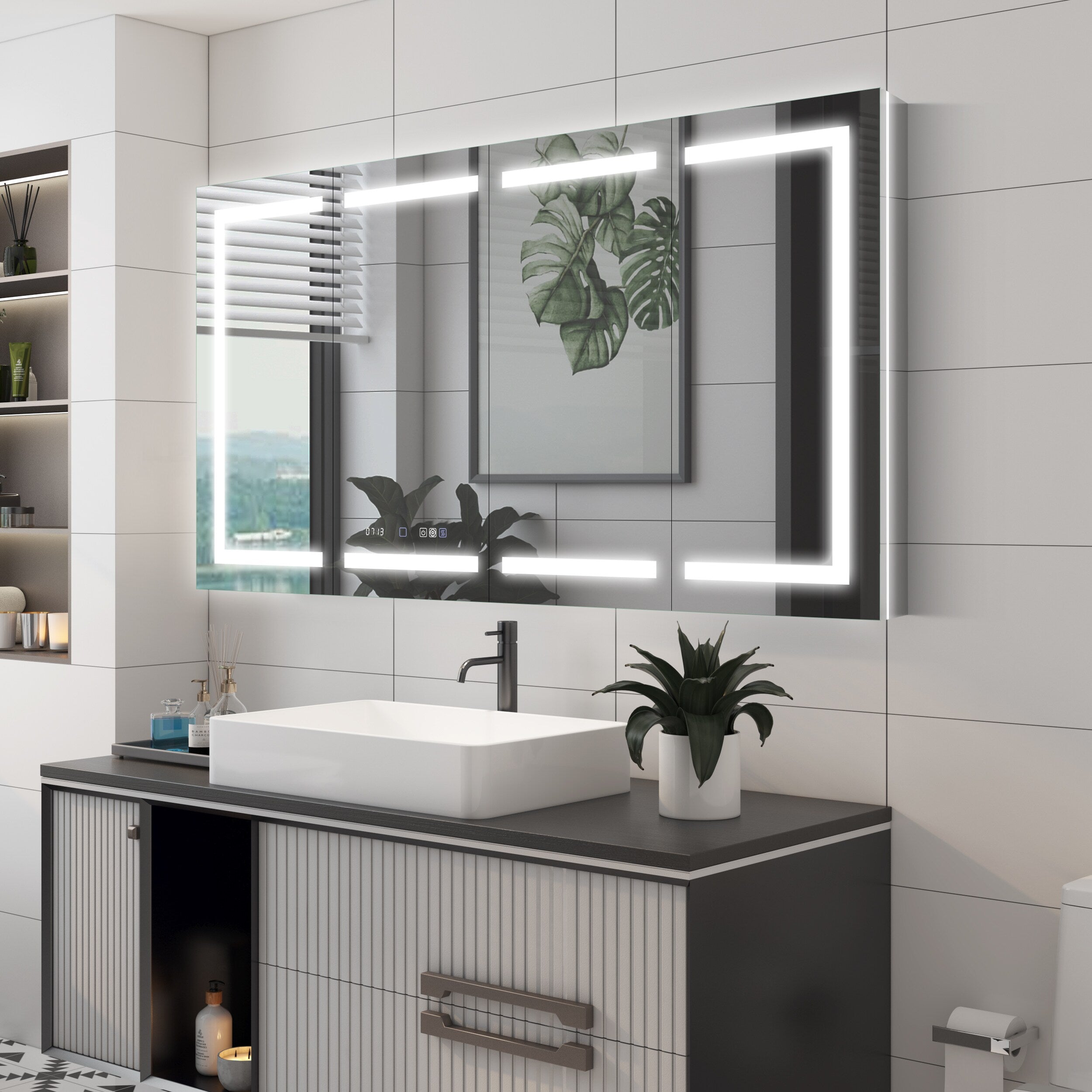 WELLFOR 60-in x 36-in Lighted LED Fog Free Surface/Recessed Mount Silv ...