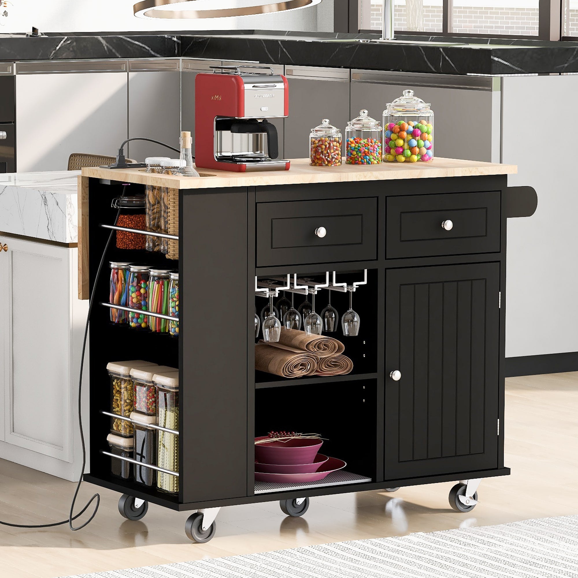 ModernLuxe Black Wood Base with Wood Top Rolling Kitchen Island (29.33 ...