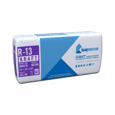 Knauf Insulation Ecobatt R-13 Kraft Faced Fiberglass Insulation Batts 3.5" x 23" x 93" 163.4 SF