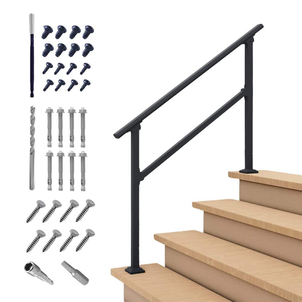 Angel Sar 4 ft. Black Iron 4-Step Handrail, Stair Railing Kit for Porc ...
