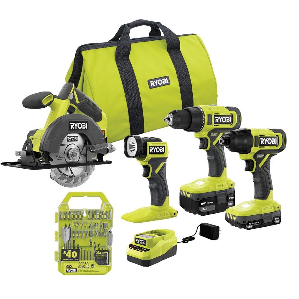 RYOBI ONE+ 18V Cordless 4-Tool Combo Kit w/ 1.5 Ah and 4.0 Ah Batterie ...