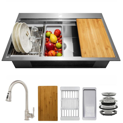 Handmade All-in-One Topmount Stainless Steel 33 in. x 22 in. Single Bowl Kitchen Sink w/ Pull-down Faucet, Accessory - Super Arbor