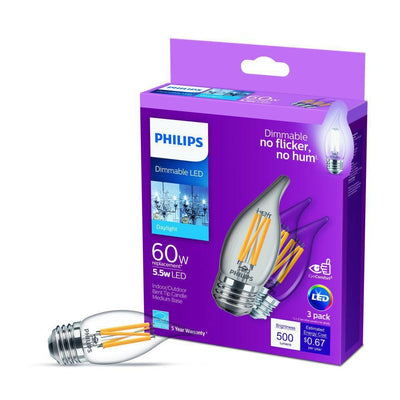 Philips 60-Watt Equivalent B11 Dimmable Edison LED Candle Light Bulb Glass Bent Tip Medium Base Daylight (5000K) (12-Pack) - Super Arbor