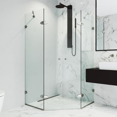 Gemini 45.625 in. x 73.375 in. Frameless Neo-Angle Shower Enclosure in Brushed Nickel with Clear Glass - Super Arbor