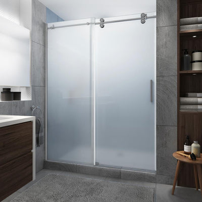 Langham XL 68 - 72 in. x 80 in. Frameless Sliding Shower Door with Ultra-Bright Frosted Glass in Stainless Steel - Super Arbor