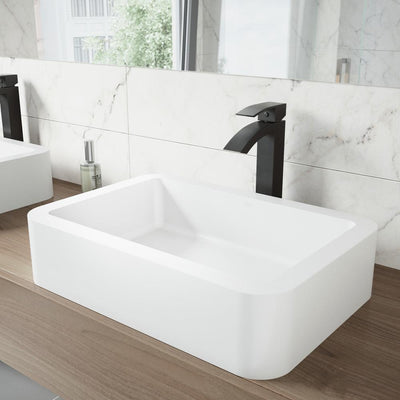 Petunia Matte Stone Vessel Bathroom Sink in White with Duris Bathroom Vessel Faucet in Matte Black - Super Arbor