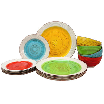 Confetti Band 12-Piece Rustic Assorted Ceramic Dinnerware Set (Service for 4) - Super Arbor