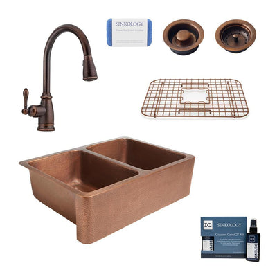 Rockwell Farmhouse Apron-Front Copper All-In-One 33 in. Double Bowl 50/50 Kitchen Sink with Pfister Faucet and Drains - Super Arbor
