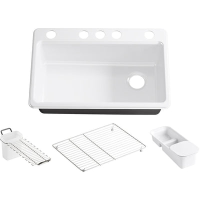 Riverby Workstation Undermount Cast Iron 33 in. 5-Hole Single Bowl Kitchen Sink Kit in White with Accessories - Super Arbor