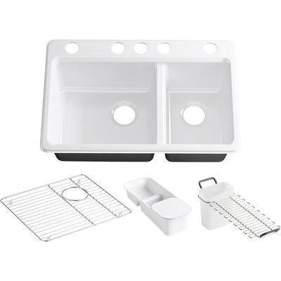 Riverby Undermount Cast Iron 33 in. 5-Hole Double Bowl Kitchen Sink Kit in White - Super Arbor
