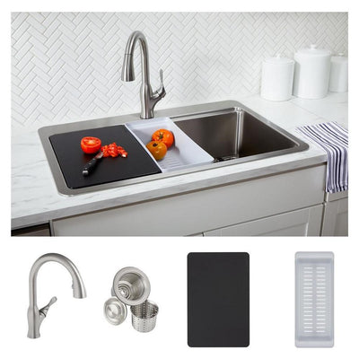 Avenue Stainless Steel 33 in. Single Bowl Undermount/Drop-in Kitchen Sink with Faucet and Workstation Kit - Super Arbor
