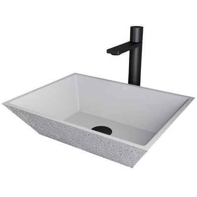 Cast Stone Calendula Concrete Rectangular Vessel Bathroom Sink in Ash Gray with Faucet and Pop-Up Drain in Matte Black - Super Arbor