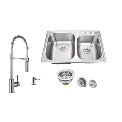 All-In-One Stainless Steel 33-1/4 in. 4-Hole Double Bowl Drop-In Kitchen Sink in Brushed Stainless with Kitchen Faucet - Super Arbor