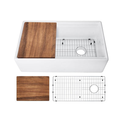 Fireclay 33 in. Single Bowl Farmhouse Apron Front Reversible Kitchen Sink in White with Cutting Board and Grid - Super Arbor