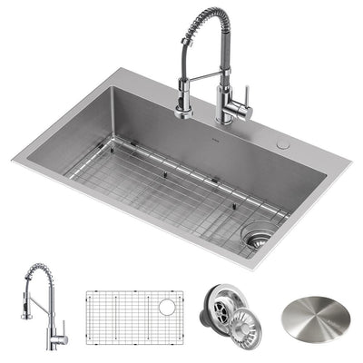 Loften All-in-One Dual Mount Drop-In Stainless Steel 33in. Single Bowl Kitchen Sink with Pull Down Faucet in Chrome - Super Arbor
