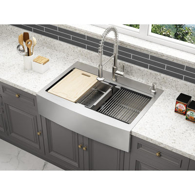 Blanchard Retrofit Workstation Dual Mount Stainless Steel 33 in. 2-Hole Single Bowl Curved Front Apron Kitchen Sink - Super Arbor
