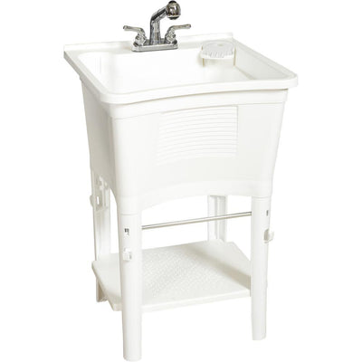 All-in-One 24 in. x 24 in. 20 Gal. Freestanding Laundry Tub in White, with Non-Metallic Pull-Out Faucet in Chrome - Super Arbor