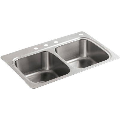 Verse Drop-In Stainless Steel 33 in. 4-Hole Double Bowl Kitchen Sink - Super Arbor