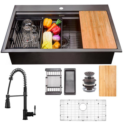 All-in-One Matte Black Finished Stainless Steel 33 in. x 22 in. Single Bowl Drop-in Kitchen Sink with Spring Neck Faucet - Super Arbor