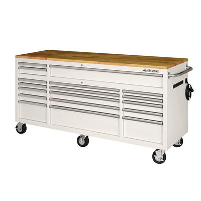 72 in. 18-Drawer Mobile Workbench with Solid Wood Top in Gloss White