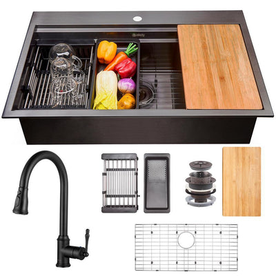 All-in-One Matte Black Finished Stainless Steel 33 in. x 22 in. Single Bowl Drop-in Kitchen Sink with Pull-down Faucet - Super Arbor