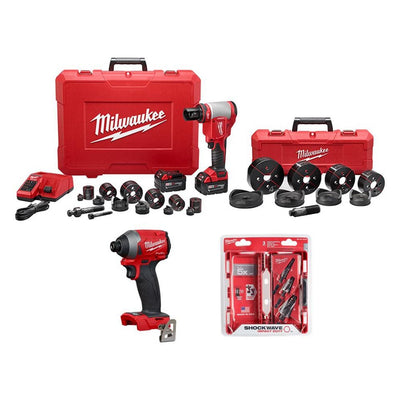 M18 18-Volt Lithium-Ion Force Logic Cordless 1/2 in. - 4 in. Knockout Tool Kit /W Bonus Impact Driver and Step Bits - Super Arbor