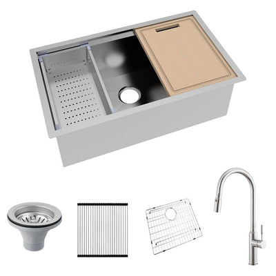 All-in-One Undermount Stainless Steel 32 in. Single Bowl Kitchen Workstation Sink with Faucet and Accessories Kit - Super Arbor