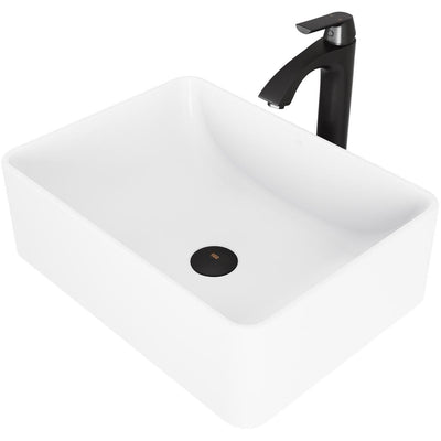 Amaryllis White Matte Stone Vessel Bathroom Sink Set with Linus Vessel Faucet in Matte Black - Super Arbor