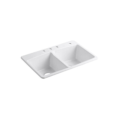 Brookfield Drop-In Cast Iron 33 in. 4-Hole Double Bowl Kitchen Sink in White - Super Arbor