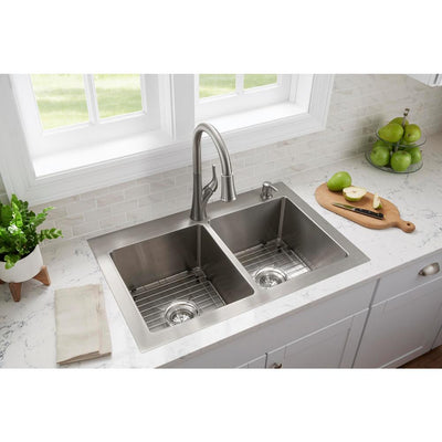 All-in-One Tight Radius Stainless Steel 33 in. 18-Gauge 2-Hole Double Bowl Dual Mount Kitchen Sink with Pull Down Faucet - Super Arbor