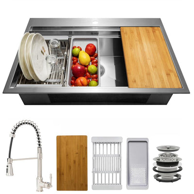 Handmade All-in-One Topmount Stainless Steel 33 in. x 22 in. Single Bowl Kitchen Sink w/ Spring Neck Faucet, Accessory - Super Arbor