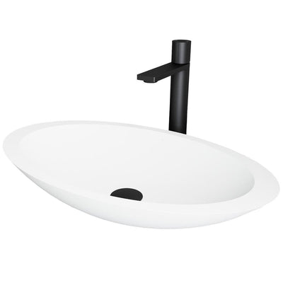 Matte Stone Oval Vessel Bathroom Sink in White and Gotham Faucet in Matte Black - Super Arbor