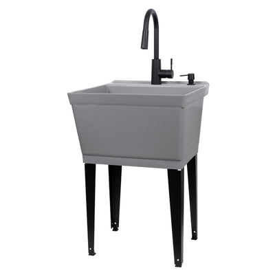 Complete 22.875 in. x 23.5 in. Grey 19 Gal. Utility Sink Set with Black Metal Hybrid Faucet and Soap Dispenser - Super Arbor