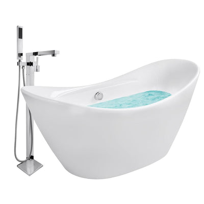 67 in. Fiberglass White Acrylic Tub for Bathtub with Tub Filler Combo - Modern Flat Bottom Stand Alone Tub - Super Arbor
