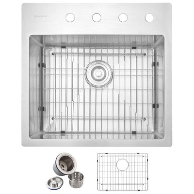Drop-in Stainless Steel 23 in. 4-Hole Single Bowl Kitchen Sink Kit in Satin - Super Arbor