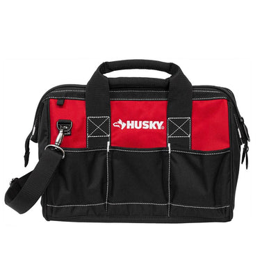 Husky 15 in. Wide Mouth Water Resistant Metal Hardware Dual-Zipper Tool Storage Bag with Adjustable Strap and 8 pockets - Super Arbor
