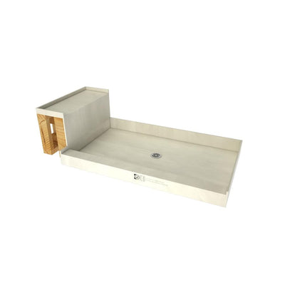 Base'N Bench 34 in. x 60 in. Alcove Shower Base and Bench Kit with Center Drain and Polished Chrome Drain Plate - Super Arbor