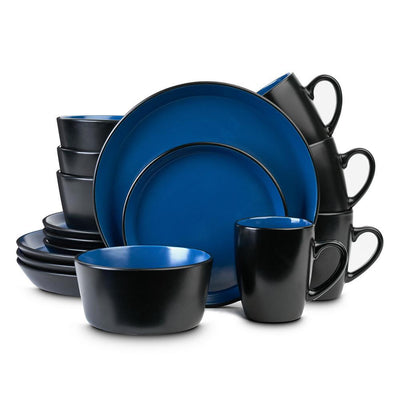 32-Piece Casual Blue and Black Stoneware Dinnerware Set (Set for 8) - Super Arbor
