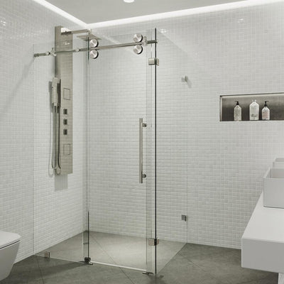 Winslow 34.625 in. x 74 in. Frameless Corner Bypass Shower Enclosure in Stainless Steel with Clear Glass - Super Arbor