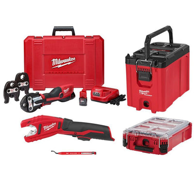 M12 12-Volt Lithium-Ion Force Logic Cordless Press Tool Kit (3-Jaws Included) w/ M12 Copper Tubing Cutter & Packout Kit - Super Arbor