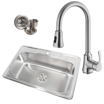 Topmount Drop-In 18-Gauge Stainless Steel 33 in. x 22 in. x 9 in. 1-Hole Single Bowl Kitchen Sink with Faucet - Super Arbor