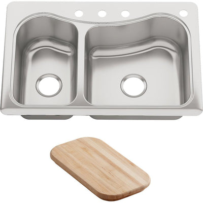 Staccato Drop-In Stainless Steel 33 in. 4-Hole Double Offset Bowl Kitchen Sink with Included Hardwood Cutting Board - Super Arbor
