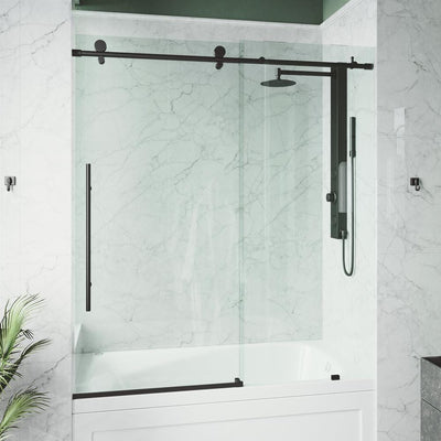Elan E-class 60 in. x 66 in. Frameless Sliding Tub Door in Matte Black with Clear Glass and Handle - Super Arbor