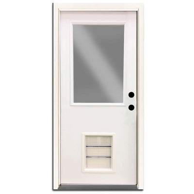 Premium Half Lite Primed White Steel Back Door 32 in. Left Hand Inswing with Extra Large Pet Door - Super Arbor