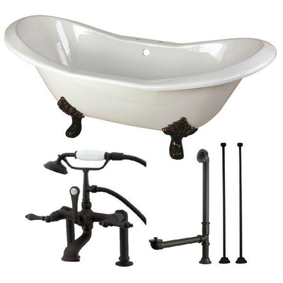 Double Slipper 72 in. Cast Iron Clawfoot Bathtub in White and Faucet Combo in Oil Rubbed Bronze - Super Arbor