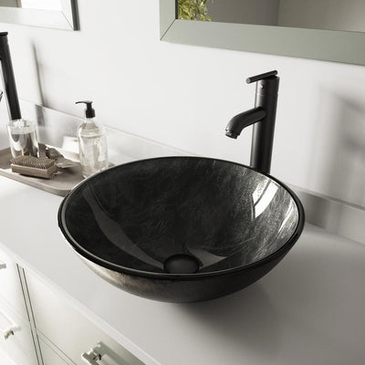 Glass Vessel Bathroom Sink in Gray Onyx and Seville Faucet Set in Matte Black - Super Arbor
