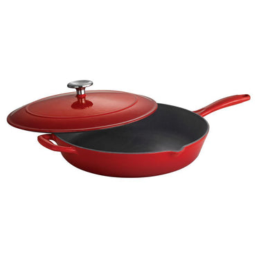 Gourmet 12 in. Porcelain-Enameled Cast Iron Skillet in Gradated Red with Lid - Super Arbor